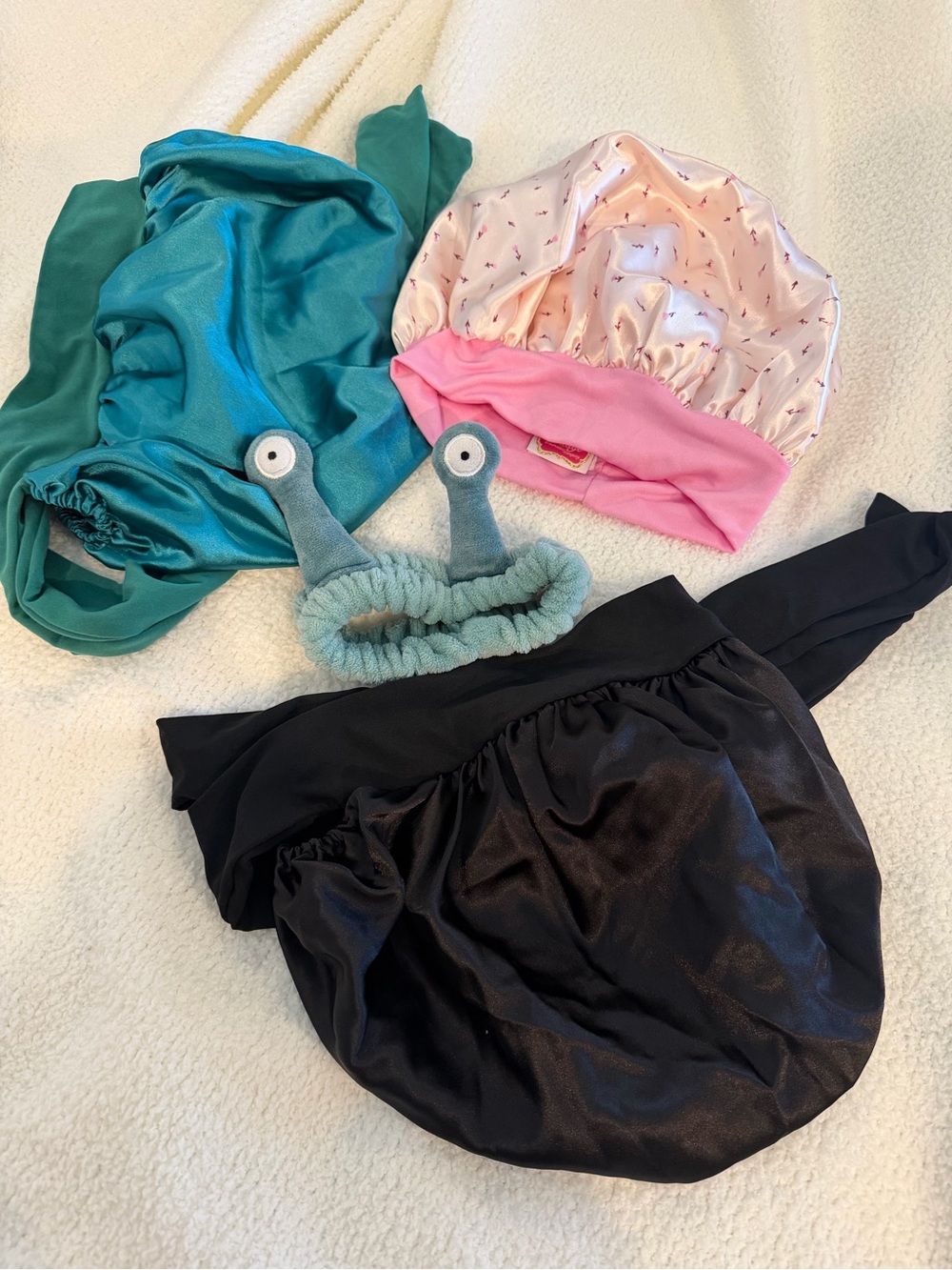 3 hair bonnets and 1 headband - Teal, Pink, Black
